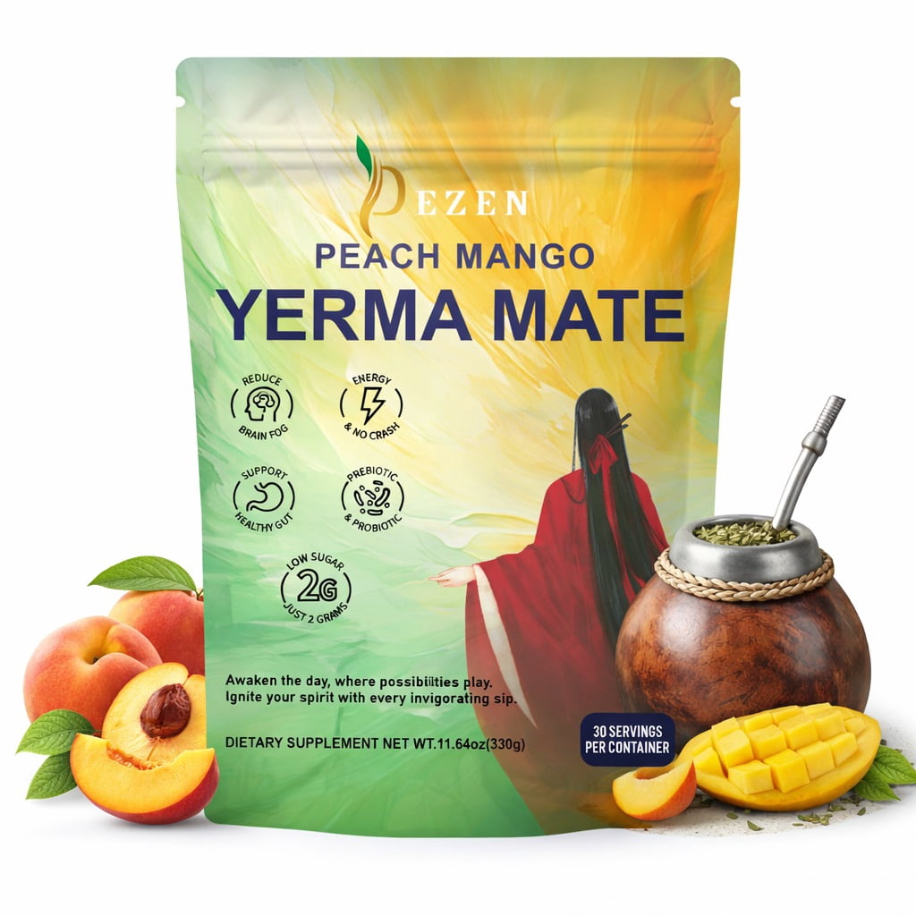 Yerba Mate Tea with Prebiotic & Probiotics Supplements, Herbal Tea with Natural Caffeine & Low Sugar, Peach Mango, 30 Servings