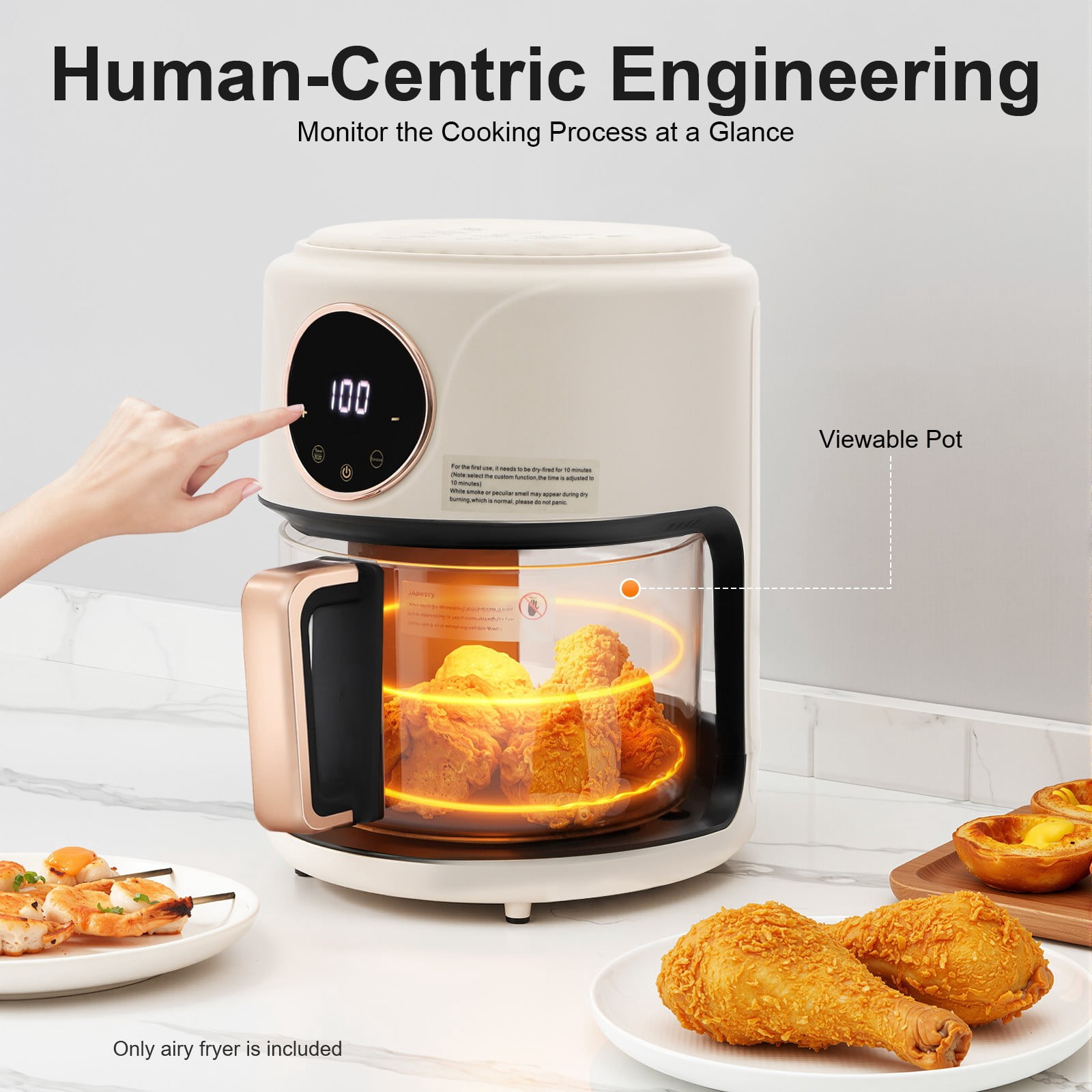 ToppiJoy 4.2L Mini Glass Air Fryer, 360° Viewable Touch Screen with Digital Display Adjustable Temperature Works Cookware French Fries (White)