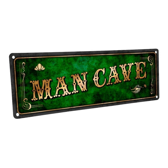 Green Man Cave 4"x12" Metal Sign, Wall Décor for Mancave, Den, and Gameroom