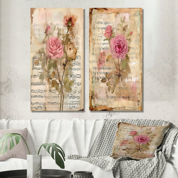 Designart "Vintage Art Pink Roses in Rustic Bouquet II" Rose Wall Art Set Of 2 - Traditional Pink Wall Decor Set Of 2