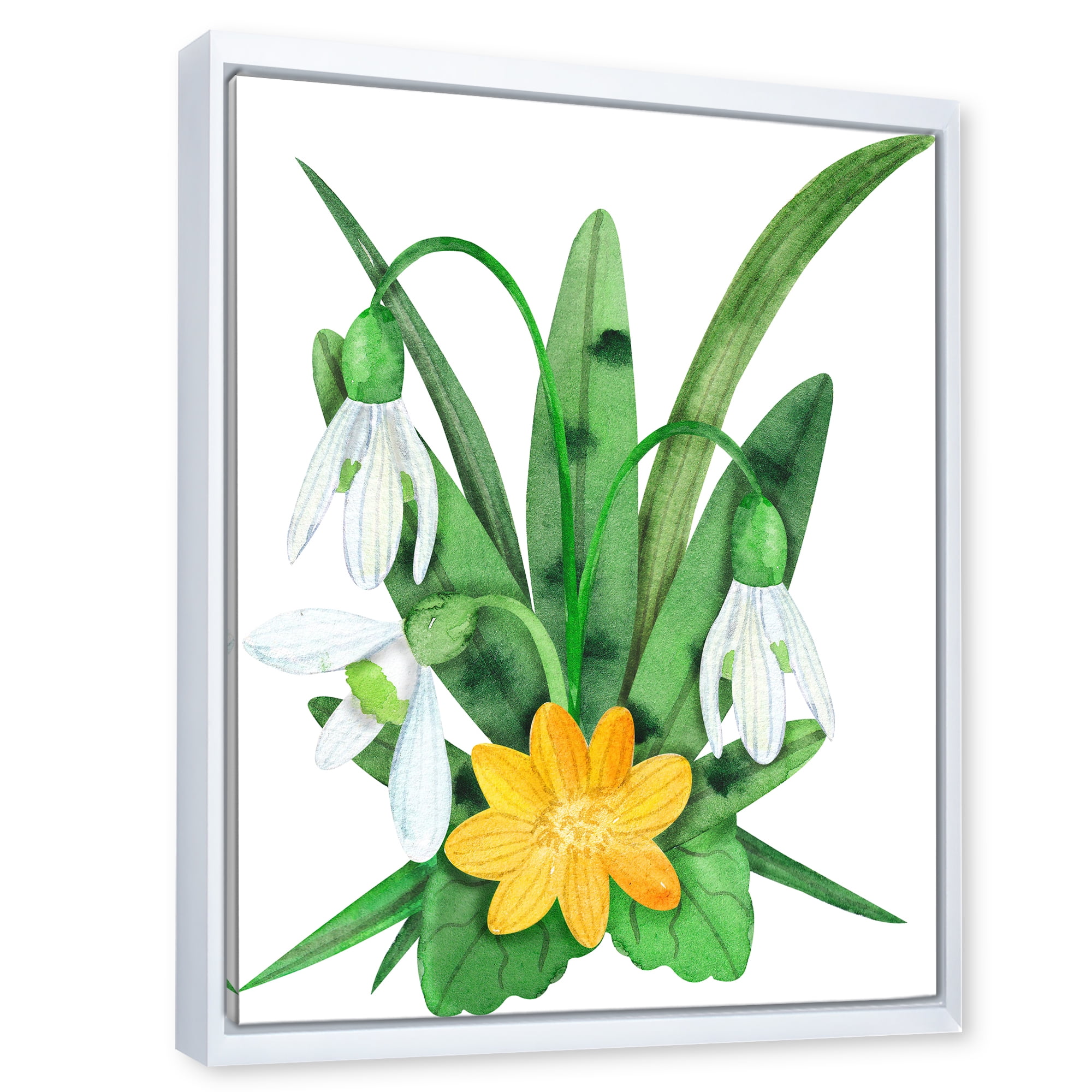 Snowdrops and Yellow Erantis VIntage Flowers 12 in x 20 in Framed Painting Canvas Art Print, by Designart