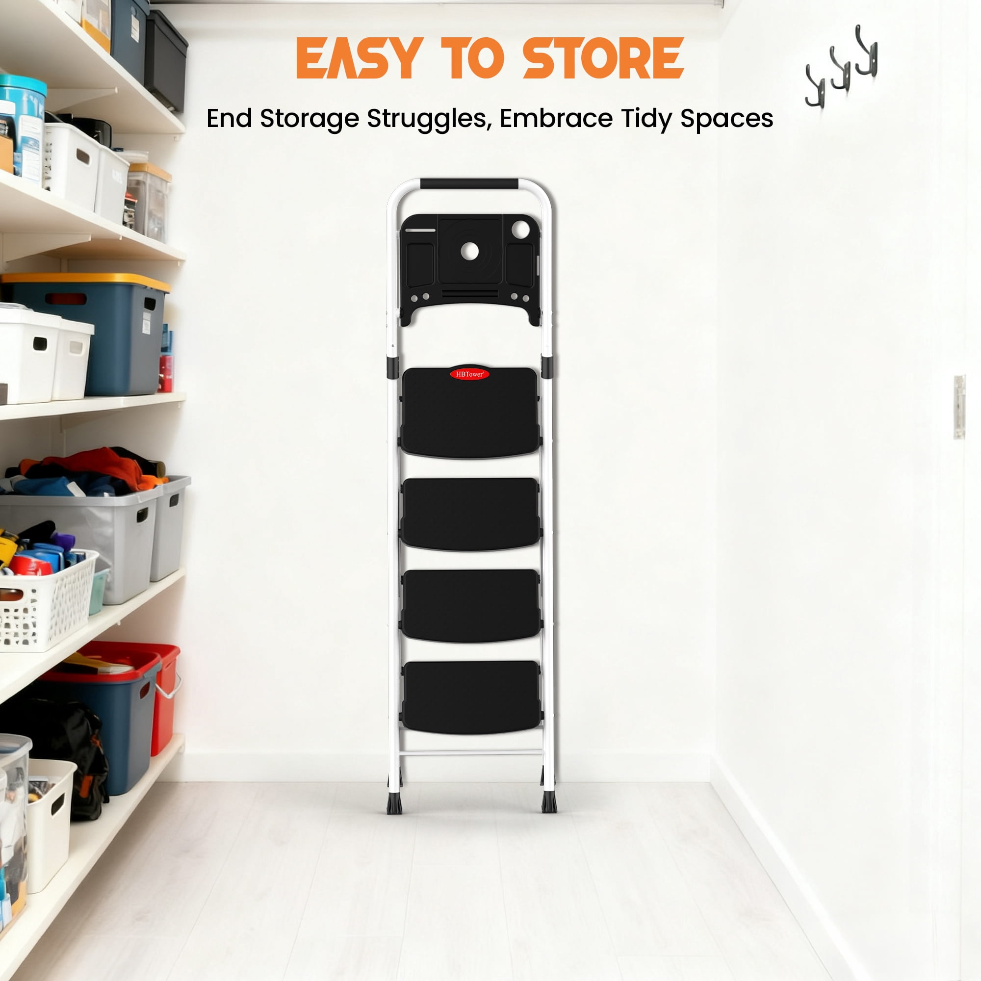 HBTower Folding 4 Step Ladder with Tool Tray, Wide Anti-Slip Pedal and Anti-Slip Feet, 330lbs Capacity, White