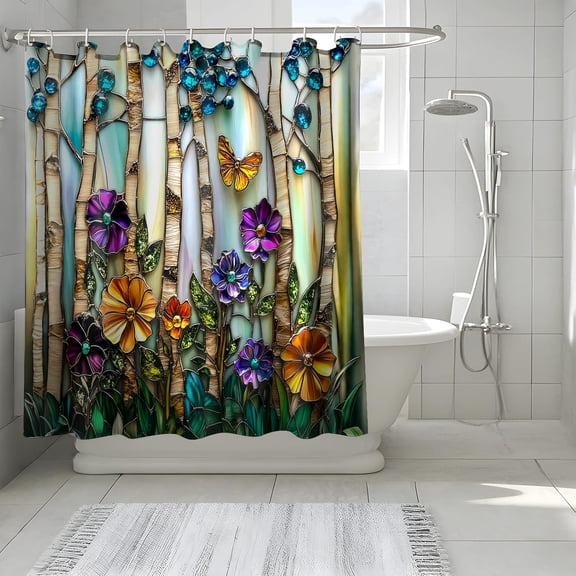 Stained Glass Birch Trees Shower Curtains Purple Floral Green Blue Diamond Barn Door Decor Waterproof Bathroom Curtains Set with Hooks-72"W x 78"L (Pack of 1)