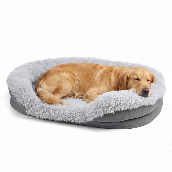 Calming Soft Oval Dog Bed with Raised Bolster – Sofa Style Neck Support Indoor Sleeping Pad for Medium & Large Dogs