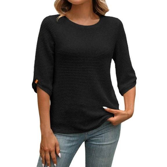 Olyvenn Stylish Womens Waffle Knit Shirts Fashion Short Sleeves with Button Crewneck Tunic Tops Casual Solid Loose Blouses Tees Black XXL