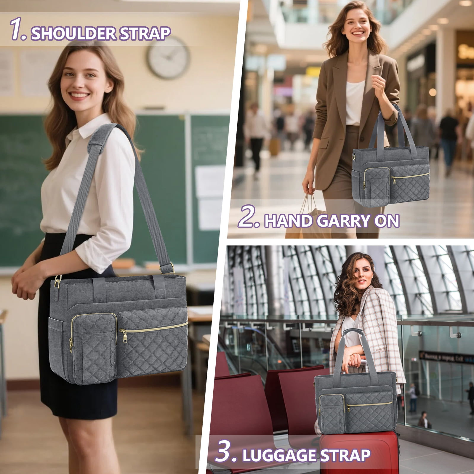 Teacher Tote Bag 15.6 inch Laptop Bag for Women Laptop Briefcase Work Bags Nurse Tote Professional Computer Messenger Shoulder Bags for Office, College, Nursing,Grey
