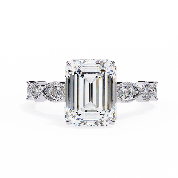 2.56 CT Emerald Cut IGI Certified Lab Created Diamond Unique Engagement Ring, Diamond Wedding Ring, Milgrain Prongs Set Anniversary Ring