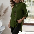 thumbnail image 5 of Mandarin Stand Collar Full Button Up Roll Tab Sleeve Chest Pocket Asymmetric High Low Hem Crinkle Cotton Linen Shirt for Women Spring Summer Casual Office Wear, 5 of 9