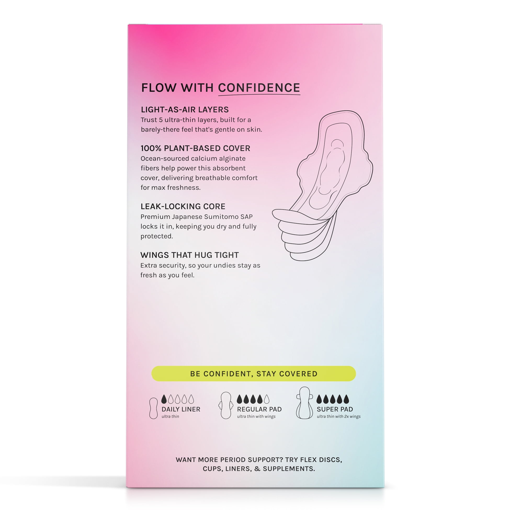 (6 pack) Flex Plant+ Pads with Wings, Regular, Heavy Absorbency, Ultra Thin, Unscented, 30 Count, Hypoallergenic