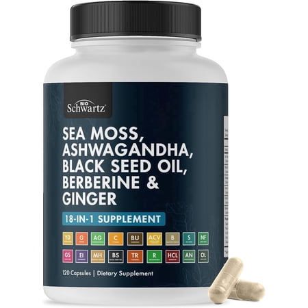 BioSchwartz 18-in-1 Supplement with Sea Moss, Ashwagandha, and Black Seed Oil, 120 Capsules