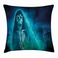 thumbnail image 1 of Halloween Decorations Throw Pillow Cushion Cover, Gothic Dark Backdrop with a Dead Ghost Skull Mystical Haunted Horror Theme, Decorative Square Accent Pillow Case, 16 X 16 Inches, Blue, by Ambesonne, 1 of 2