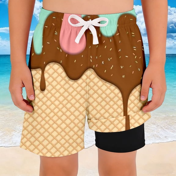 MEZZALL Children Swimsuit Boys Layer Swimwear Ice Cream Print Swim Trunks For Kids Swim Summer Beach Boho Bottoms Board Shorts