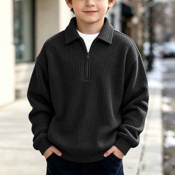 Tdoqot Boys Waffle Knit Sweatshirt with Collar- Casual Fashion Long Sleeve Fall Winter Kids Pullover Tops Black Size 8
