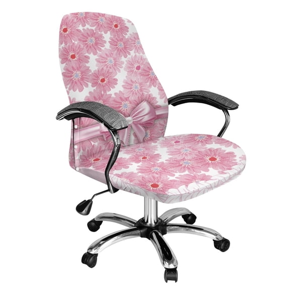 POLERO Anti Aging One Piece Office Swivel Chair Protector Cover, Pink Floral Bow Brushed Elastic Fabric Easy to Remove Office Chair Slipcover for Home