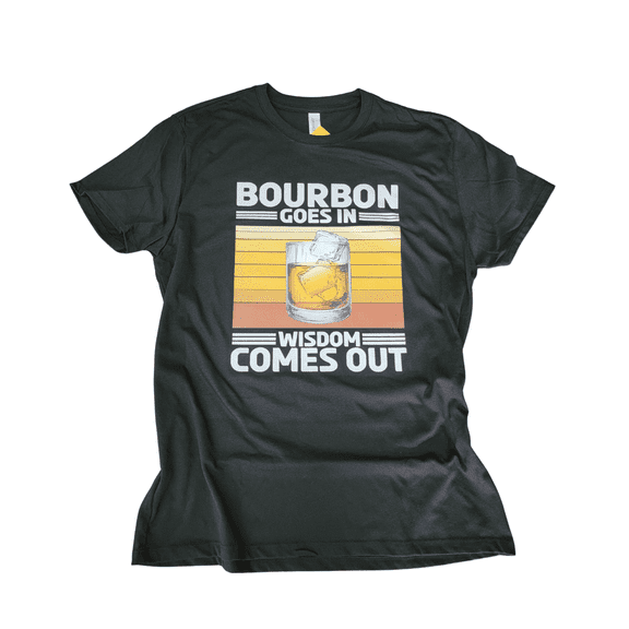 Bourbon Goes in Wisdom Comes Out T-Shirt, Black/Ash size 2XL