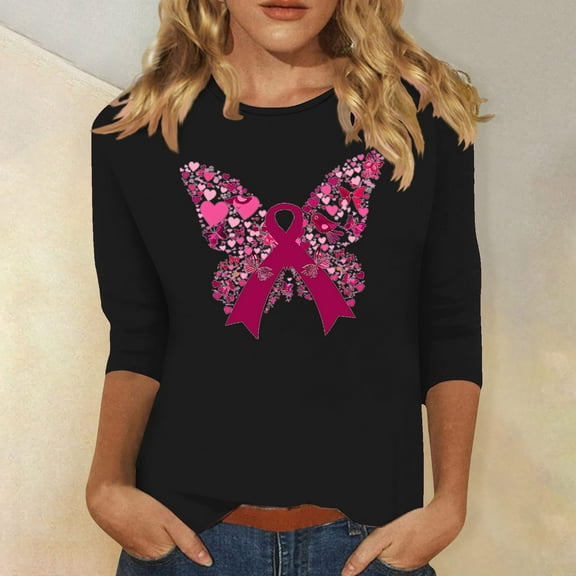 Alkepwun Breast Cancer Shirt for Women Butterfly Pink Ribbon Breast Cancer Awareness Shirts Stronger Than Cancer Inspirational Tee 3/4 Sleeve Tops