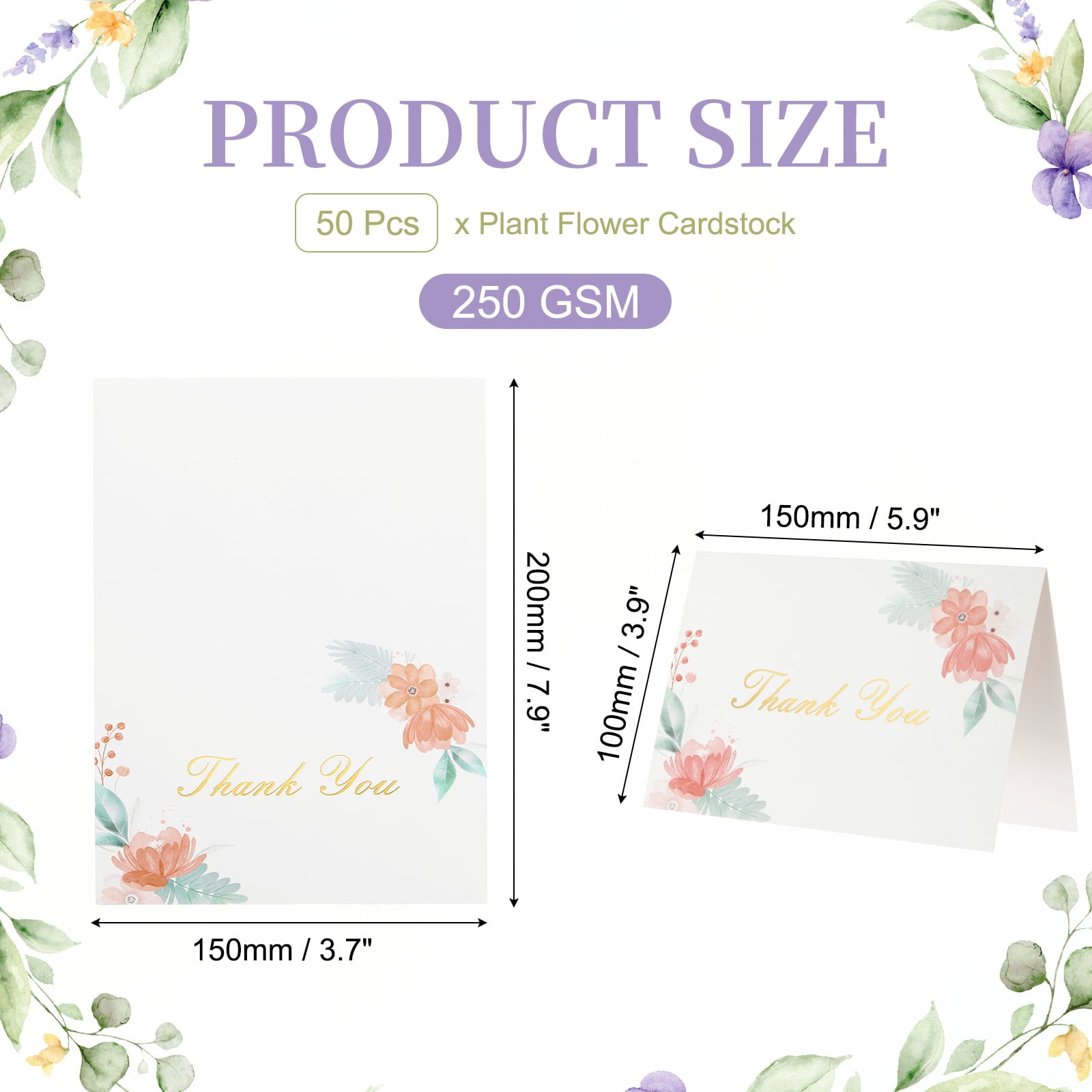 Uxcell 50Pcs Thank You Cards, 5.9"x7.9" Floral Folded Blank Cardstock, Thank You Notes for Greeting Cards Wedding Graduation Birthday DIY Craft Invitations, Twin Daisy Leaf Style