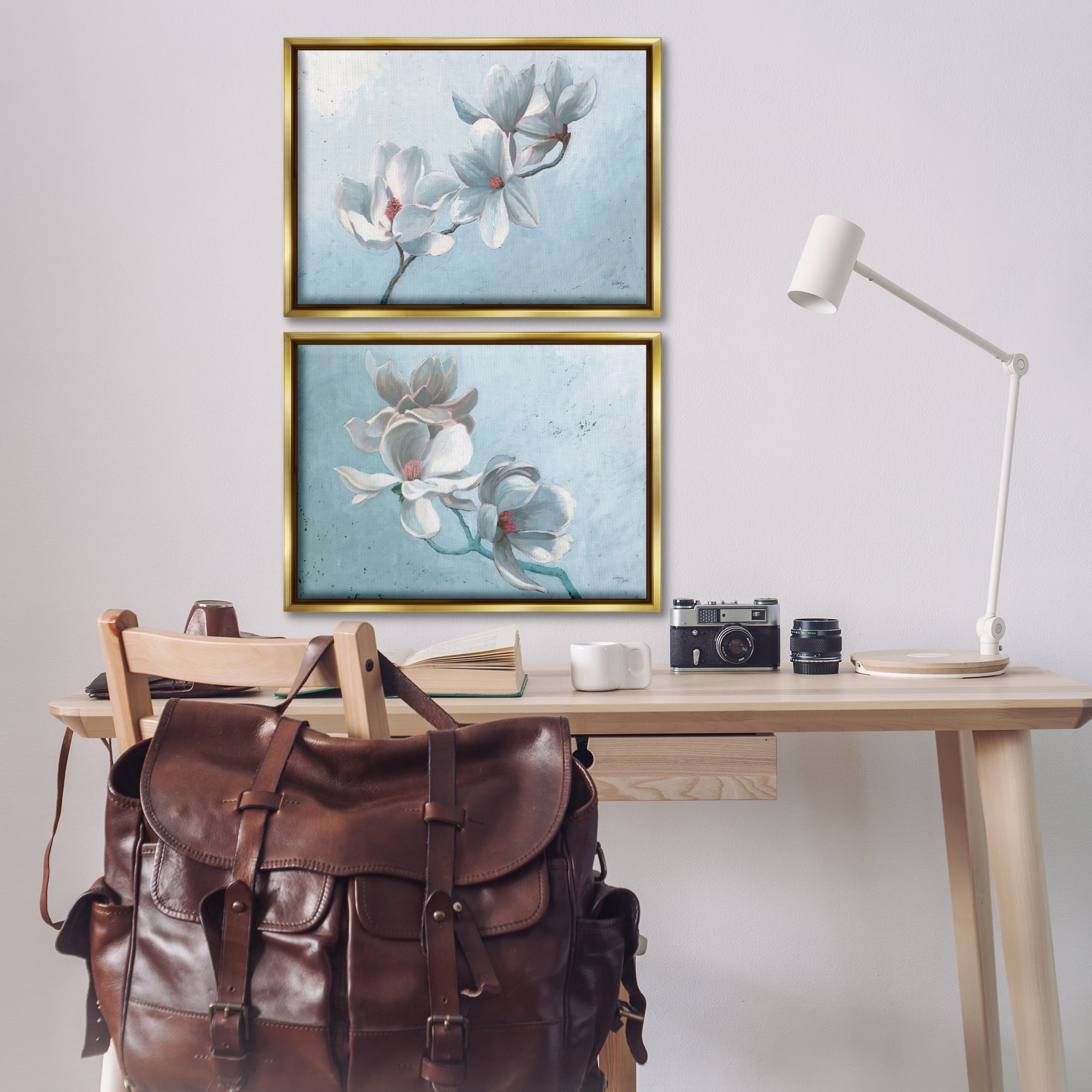 Stupell Industries Single Magnolia Branch Blossoms Plants & Flowers Painting Gold Floater Framed Canvas Art Print Wall Art, 25 x 17, Set of 2