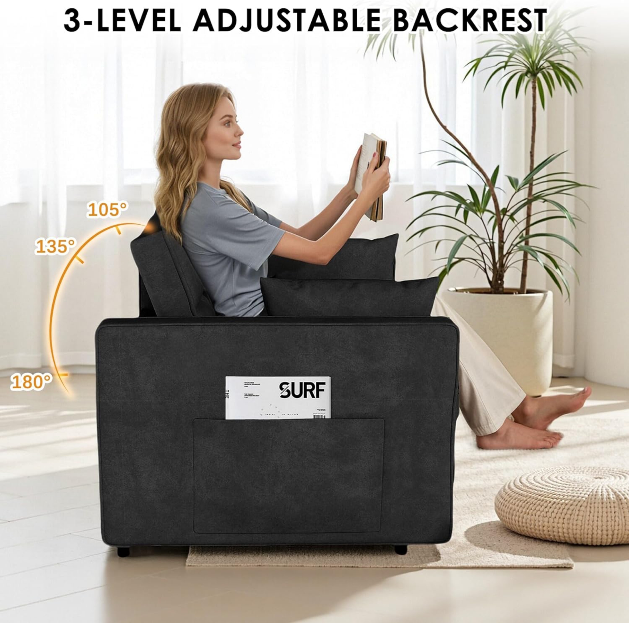 Vinform 54" 3 in 1 Convertible Sleeper Sofa Bed, Pull Out Loveseat Couch with Storage Pocket, Black(Thick Sponge)