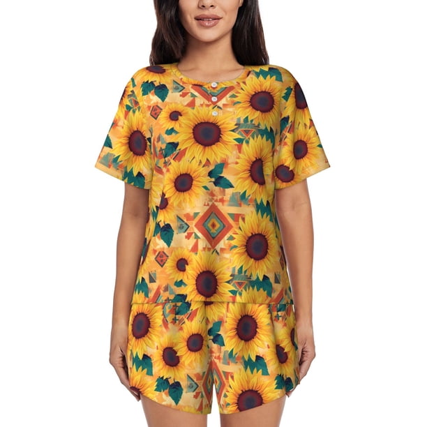 Fotbe Bohemian Sunflower Conjunto de Pijama Estampado para Mujer, 2 Piezas, Ropa de Dormir con Camiseta de Manga Corta y Shorts Suaves-X-Large