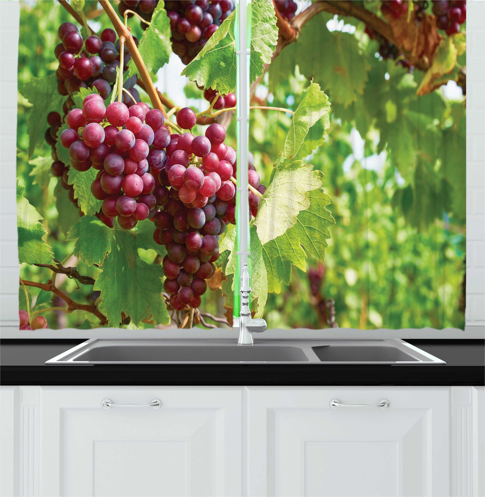 Grape Kitchen Curtains, Bunch of Concorde Wine Fruits Blurred Backdrop