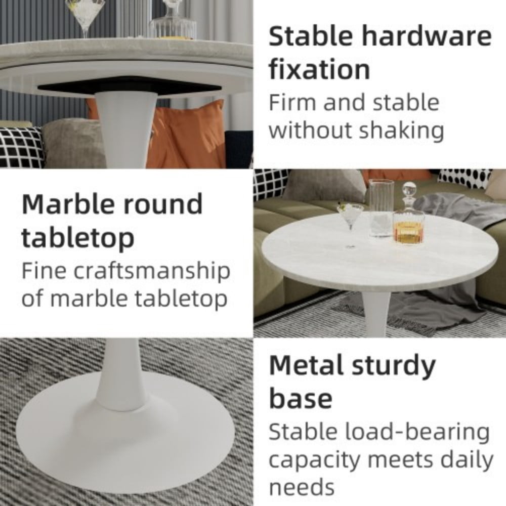 27.6" Round Coffee Table, White Veined Marble-Look Top with White Pedestal Base, Mid-Century Modern Dining Table for 2-4, Living Room