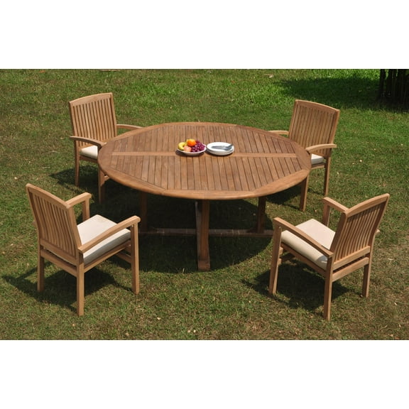 Grade-A Teak Dining Set: 4 Seater 5 Pc: 72" Round Table And 4 Wave Stacking Arm Chairs Outdoor Patio WholesaleTeak #WMWave39