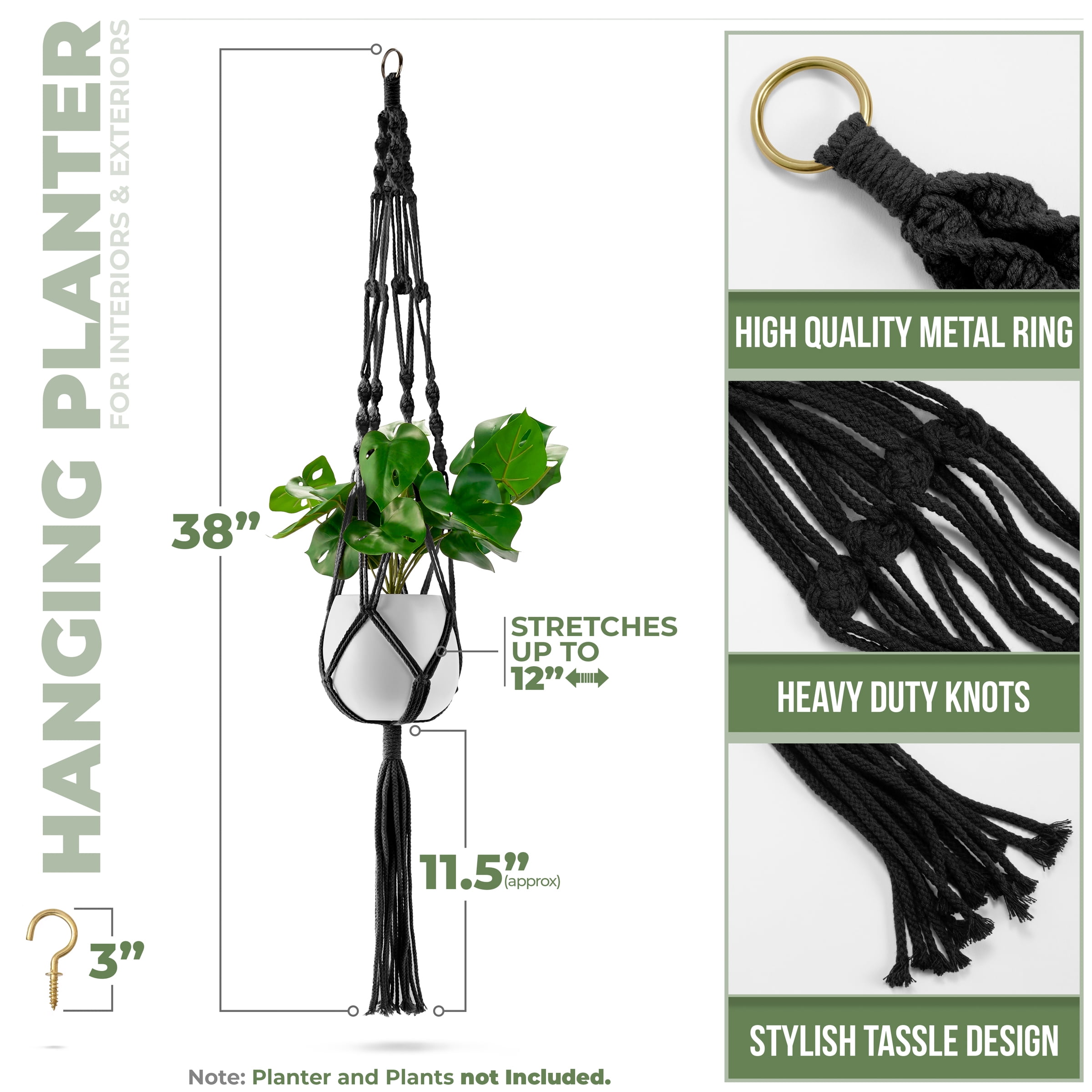 Sorbus Macrame Plant Hanger 8-Pack – Black Cotton Rope Hanging Planters for Indoor/Outdoor Use – Boho Decor for Home, Patio, or Garden – Fits Small to Medium Plant Pots