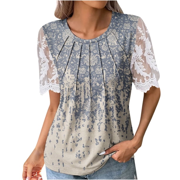 ICHUANYI Clearance Women's Fashion Printed T-shirt Lace Short Sleeves Blouse Round Neck Casual Tops(Khaki, S) ICHUANYI WER2023081016203