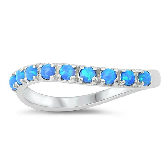 Round Blue Simulated Opal Wavy Band Adjustable Ring Sterling Silver Size 9