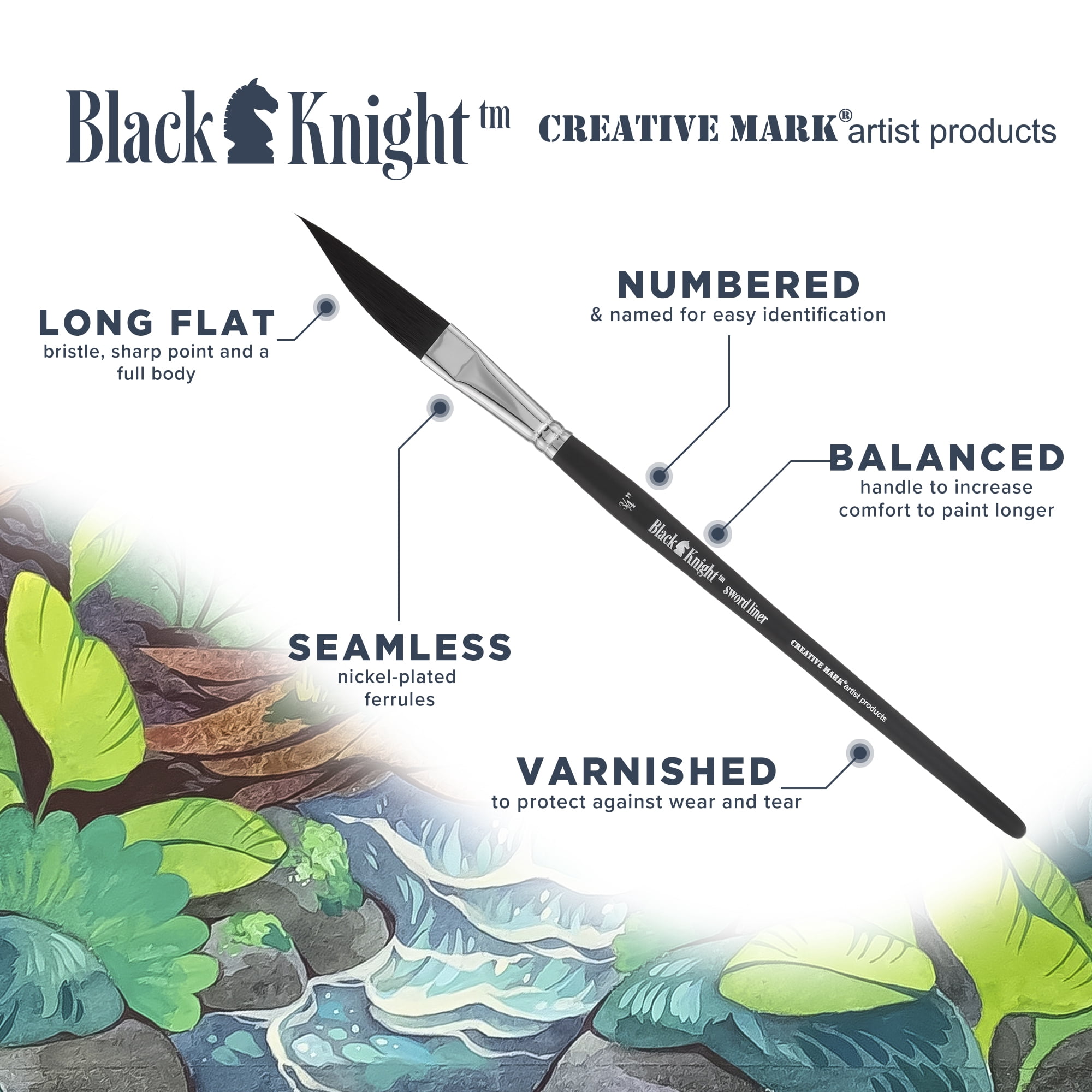 Creative Mark Black Knight Artist Liner Brush, Synthetic Short Handle Watercolor Paint Brush, 1/4in sword liner
