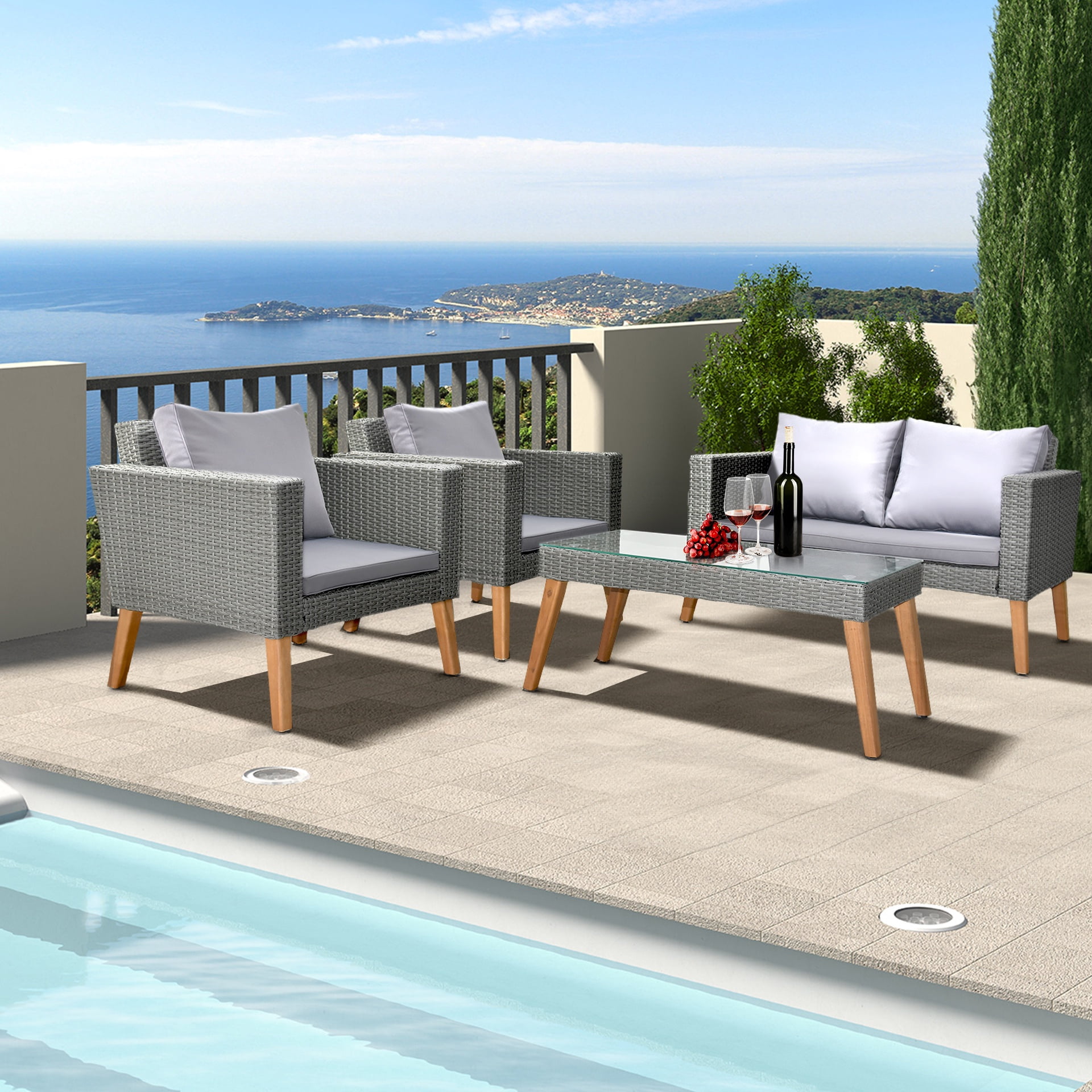 4 Pieces Outdoor Wicker Conversation Set, All-Weather Rattan Patio Furniture Sets with Arm Chairs, Tempered Glass Tabletop and Cushions, Sectional Sofa Set for Backyard, Garden, Poolside