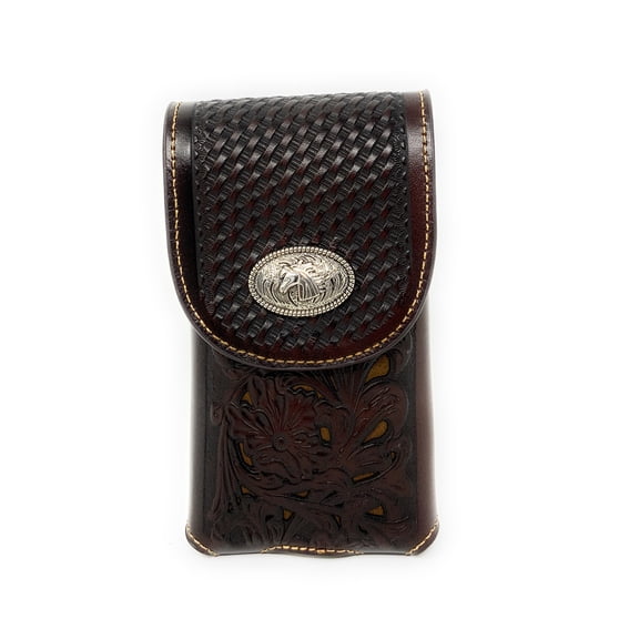 Texas West Western Cowboy Tooled Floral Leather Horse Concho Belt Loop Cell Phone Holster Case in 4 Colors