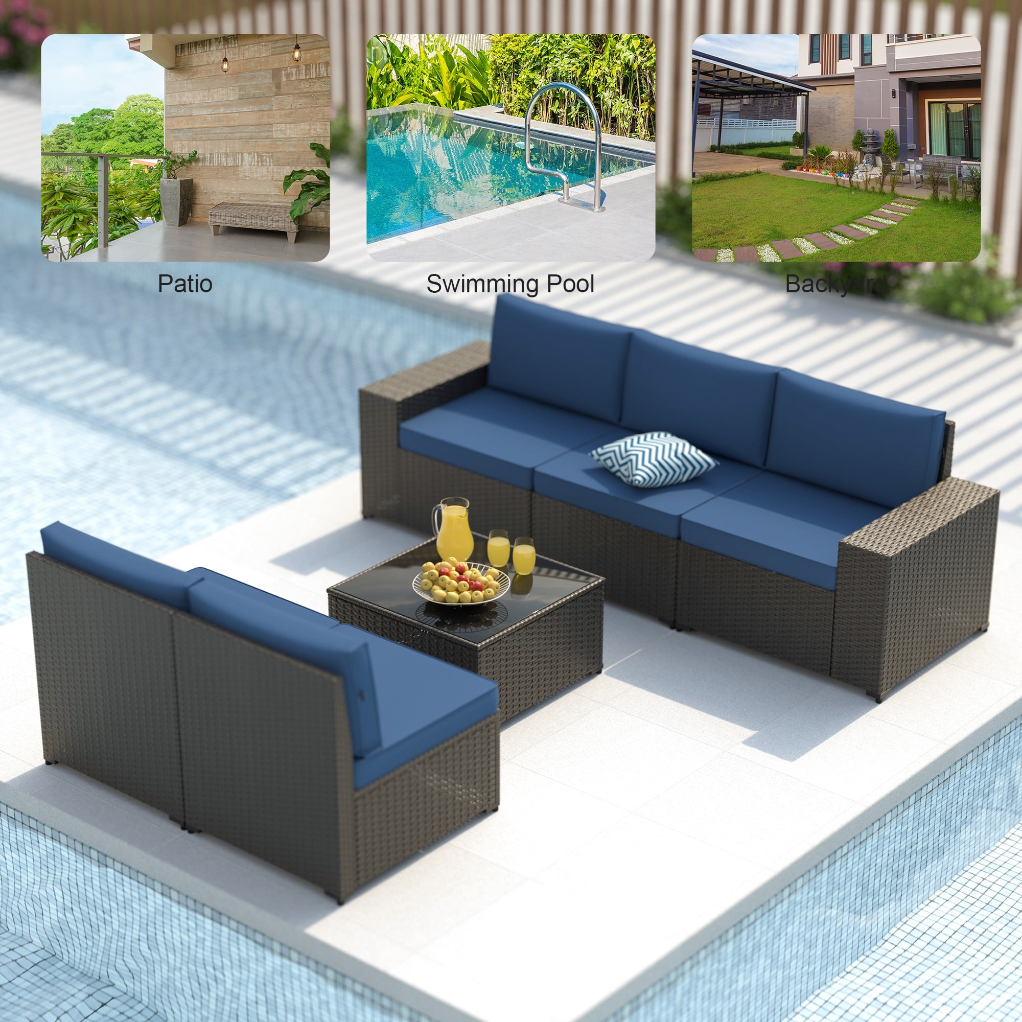 Phonjoro 7 Pieces Outdoor Patio Furniture Set with 42” Fire Pit Table, Rattan Patio Sectional Sofa Conversation Set w/ 50000 BTU Propane Fire Pit and Coffee Table for Garden, Backyard