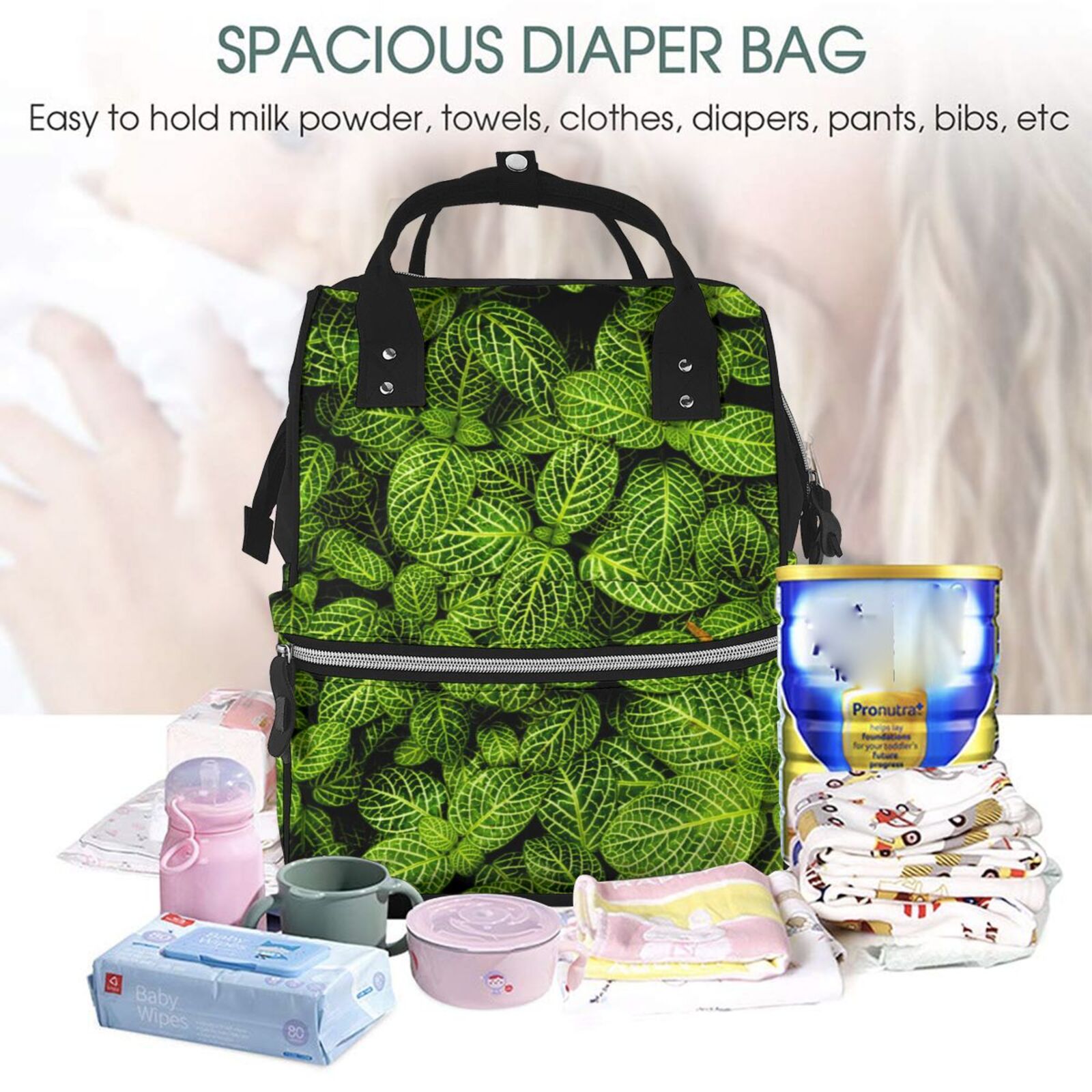 Fuzoiu Tiny Green Fern Leaves Print Diaper Bag Backpack,Baby Essentials Travel Tote,Multi function Waterproof Diaper Bag, Travel Essentials Baby Bag - Unisex