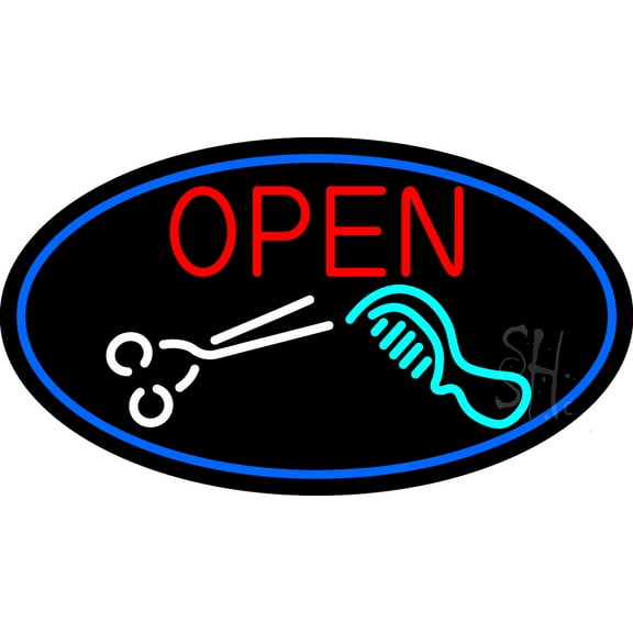 Open With Scissor And Comb LED Neon Sign 20 x 37 - inches, Black Square Cut Acrylic Backing, with Dimmer - Bright and Premium built indoor LED Neon Sign for Defence Force.