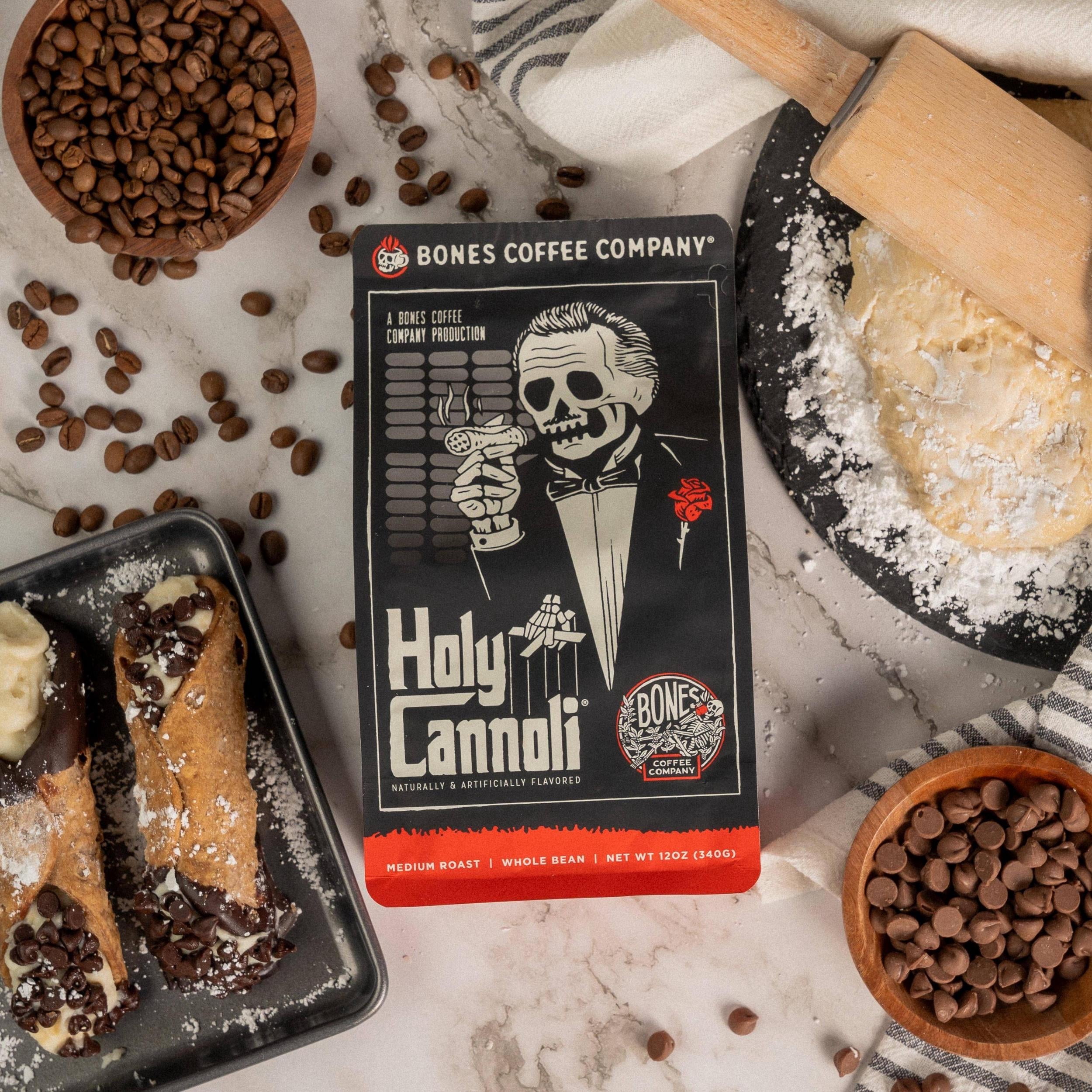 (2 pack) Bones Coffee Medium Roast Whole Bean Coffee | 12 oz Holy Cannoli Fresh Baked Cannoli Flavored Coffee