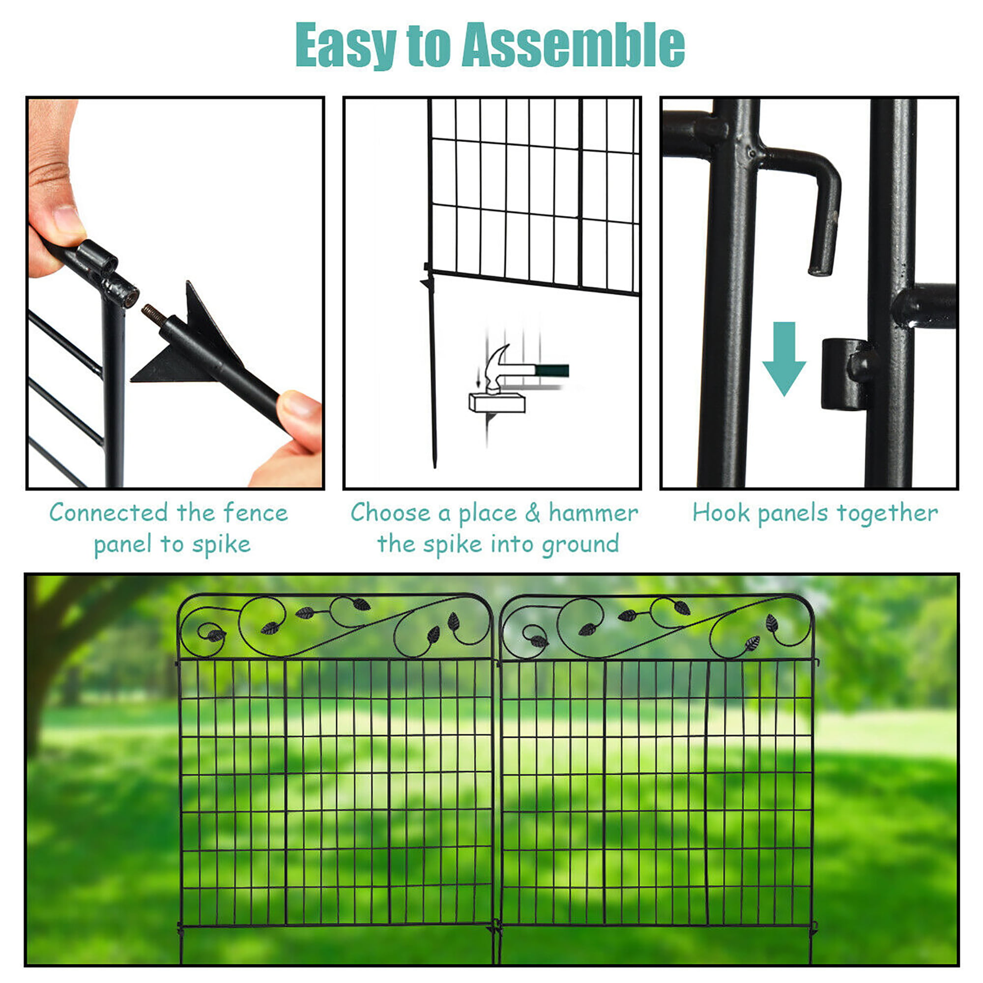 2PC Decorative Garden Fence 52” x 6' Black Coated Steel Border Folding Fence 