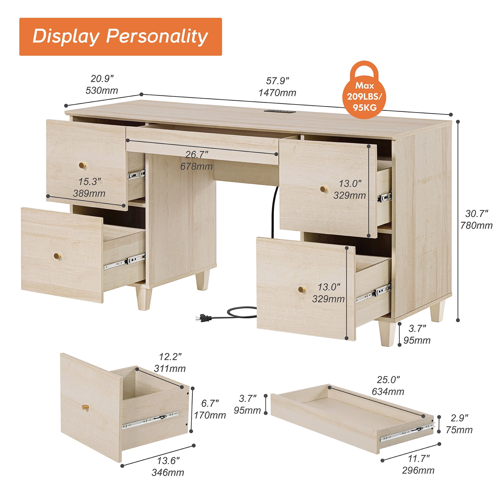 WAMPAT 58" Executive Desk with 5 Drawers, Modern Farmhouse Home Office Computer Table with Charging Station, Light Oak