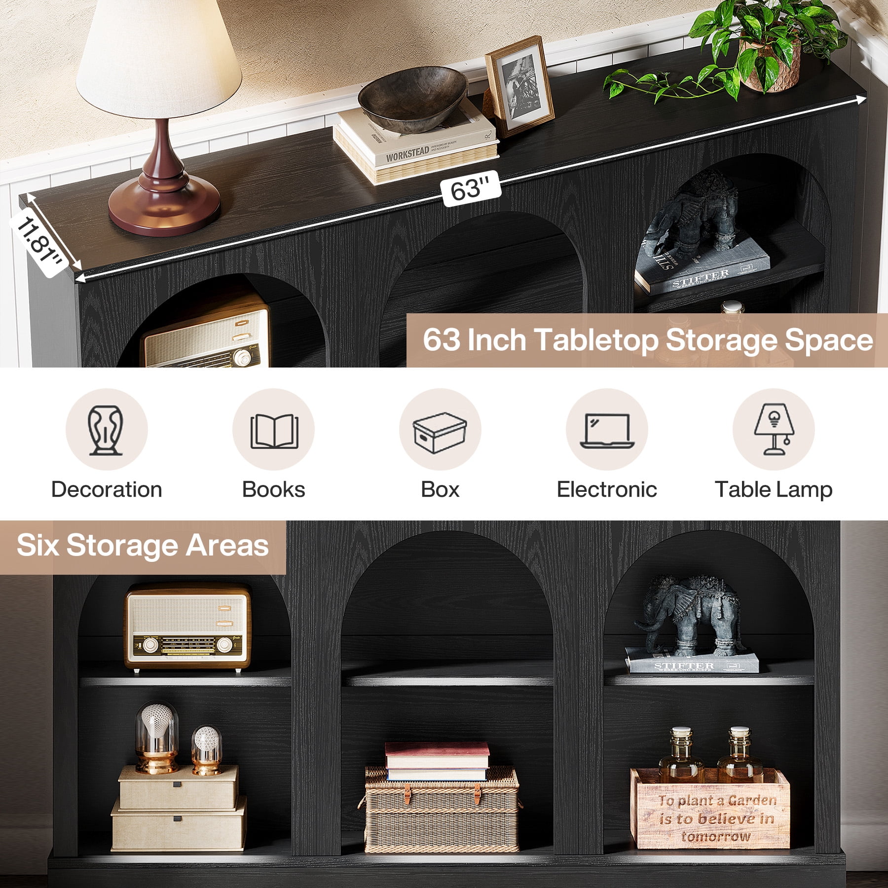 Tribesigns Farmhouse Console Table, 63-inch 3 Tier Entryway Table with Storage, Wooden Sofa Console Behind the Couch for Hallway, Black