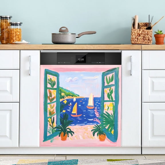 Yayeee Magnetic Dishwasher Cover for The Front Decoration Home Kitchen Machine Sticker Protector, Green Seaside