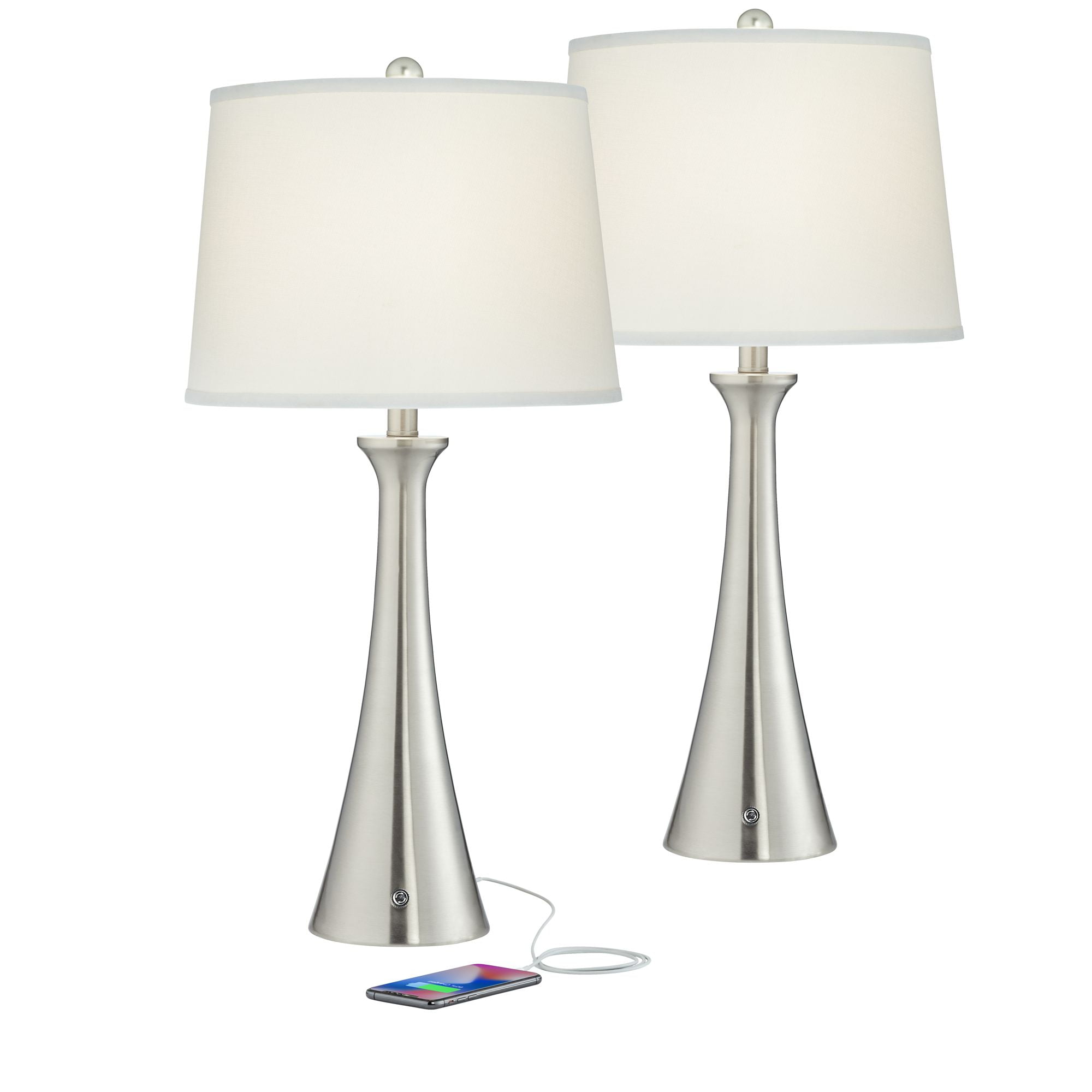 360 Lighting Karl Modern Table Lamps 27 1/2" Tall Set of 2 Brushed Nickel with USB and Outlet White Drum Shade for Bedroom Living Room House Bedside