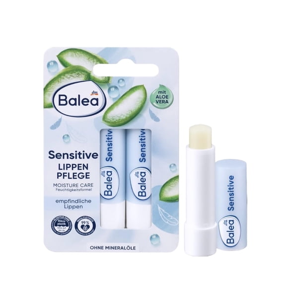 Balea Lip Care Sensitive Bálsamo labial hidratante con aloe vera 9,6 g (paquete de 2) - Producto alemán