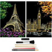 Scratch Painting Kits for Adults & Kids, Craft Art Set, Rainbow Scratch Art Painting Paper, Sketch DIY Night View Scratchboard, 16'' x 11.2'' Creative Gift with 6 Tools kit (Castle / Amusement Park)