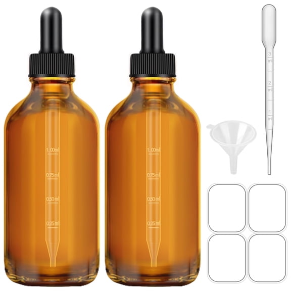 2 Pack 4 oz Amber Dropper Bottles, Tincture Bottles with Dropper, Glass Serum Bottle with Dropper for Essential Oils with Funnel, Labels & Pipette