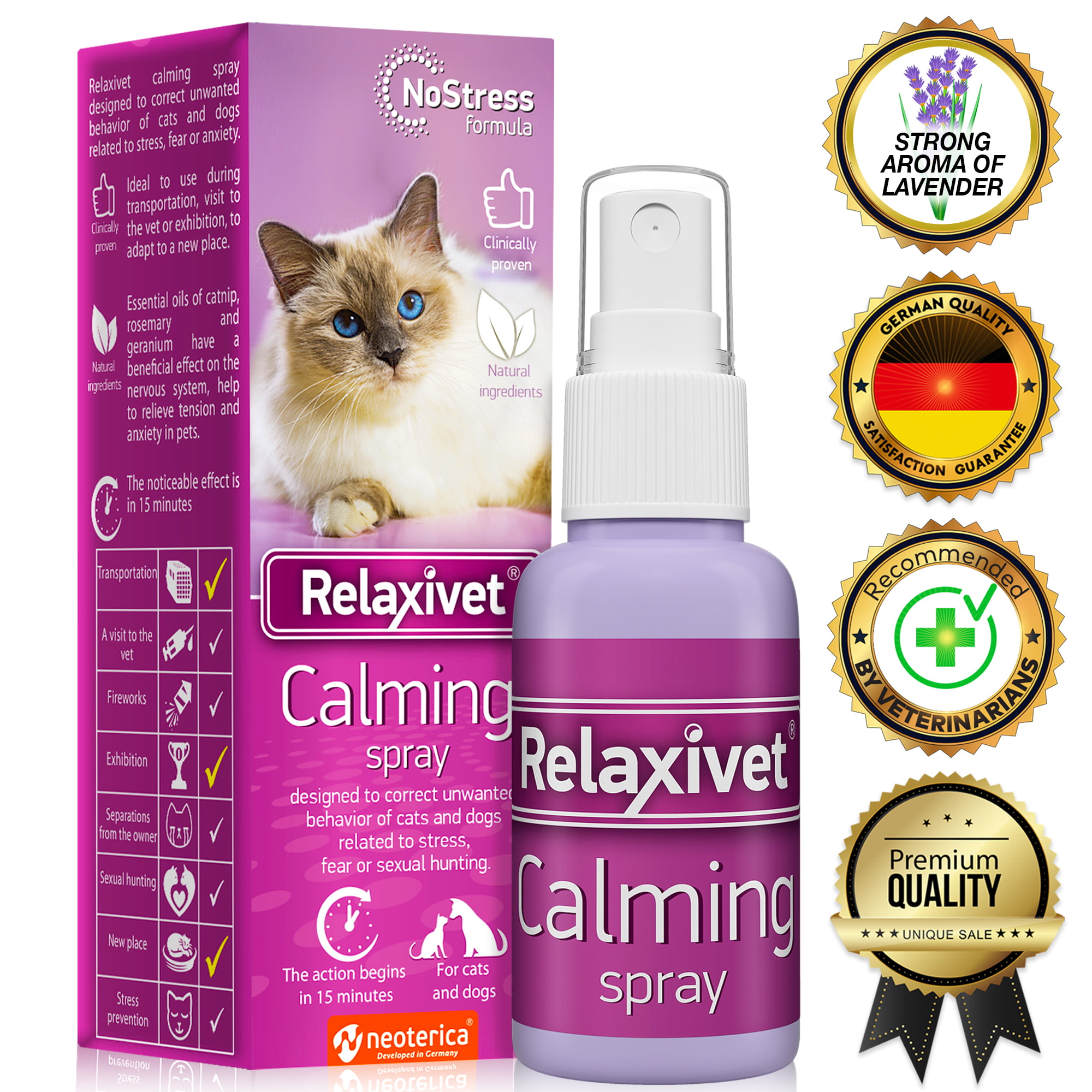 Relaxivet Natural Calming Spray for Cats and Dogs with a LongLasting