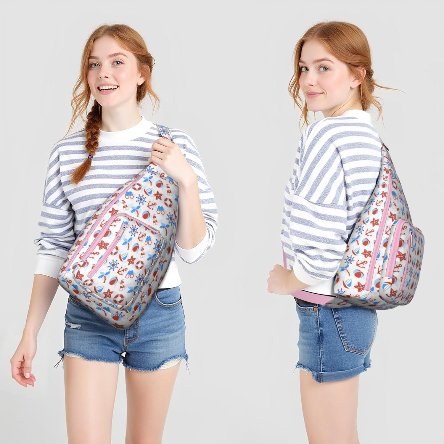 Nautical Sling Bag - Waterproof Marine Chest Pack with Anchor, Compass & Lighthouse Design, Lightweight Adjustable Strap Crossbody Bag for Beach, Boat & Coastal Adventures