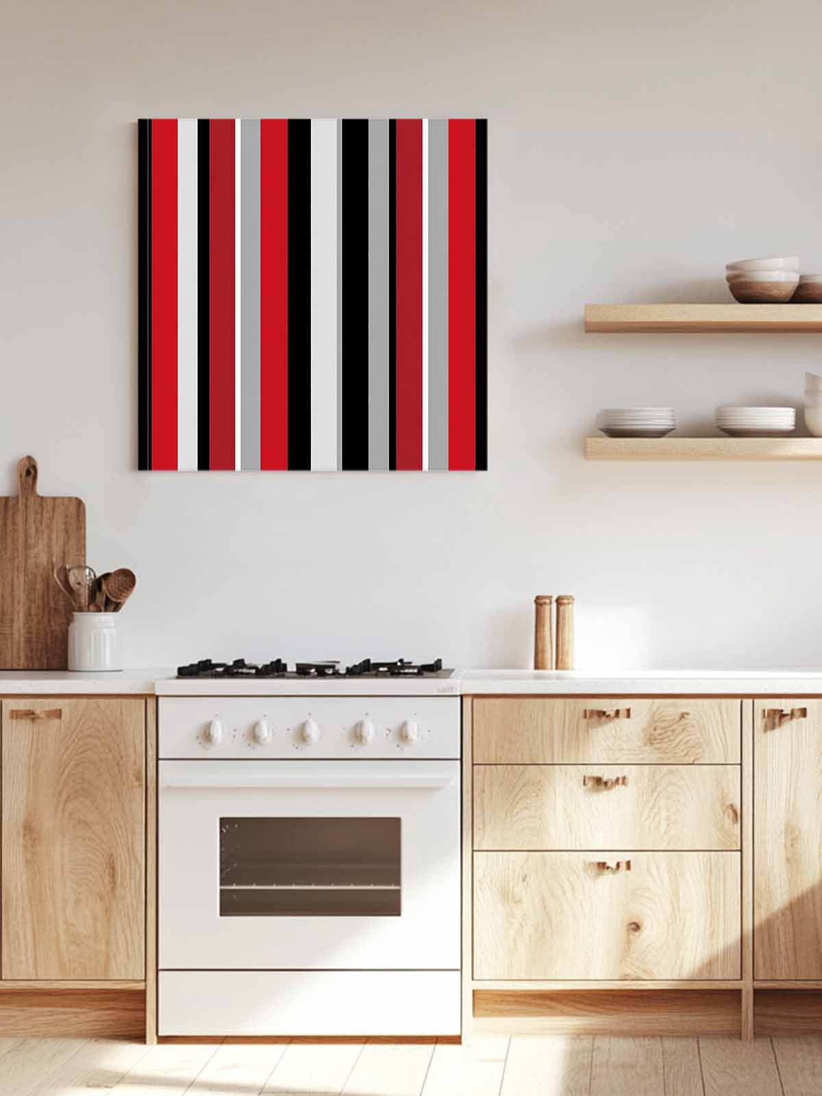 Red and Canvas Wall Art, Black Striped Abstract Geometric Vertical Stripes Framed Wall Decor Modern Artwork Prints Painting for Living Room, Bedroom, Kitchen & Cafe Decor 16x16 Inch