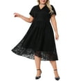 thumbnail image 1 of Vestidos de encaje floral de tamaño grande Agnes Orinda, de doble capa, con envoltura falsa, cuello en V, manga corta, vestido midi en línea A 4X negro, 1 of 8