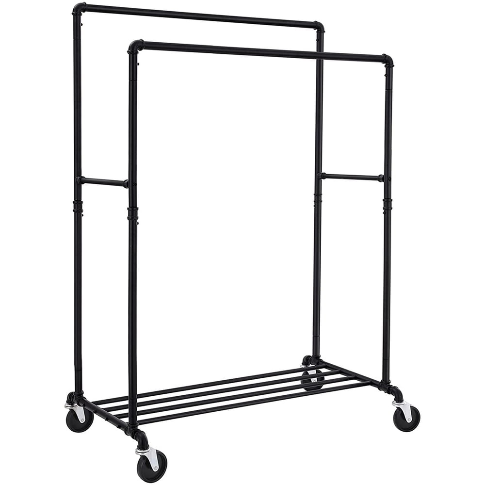 64" Industrial Pipe Clothes Rack Double Rail on Wheels with Commercial